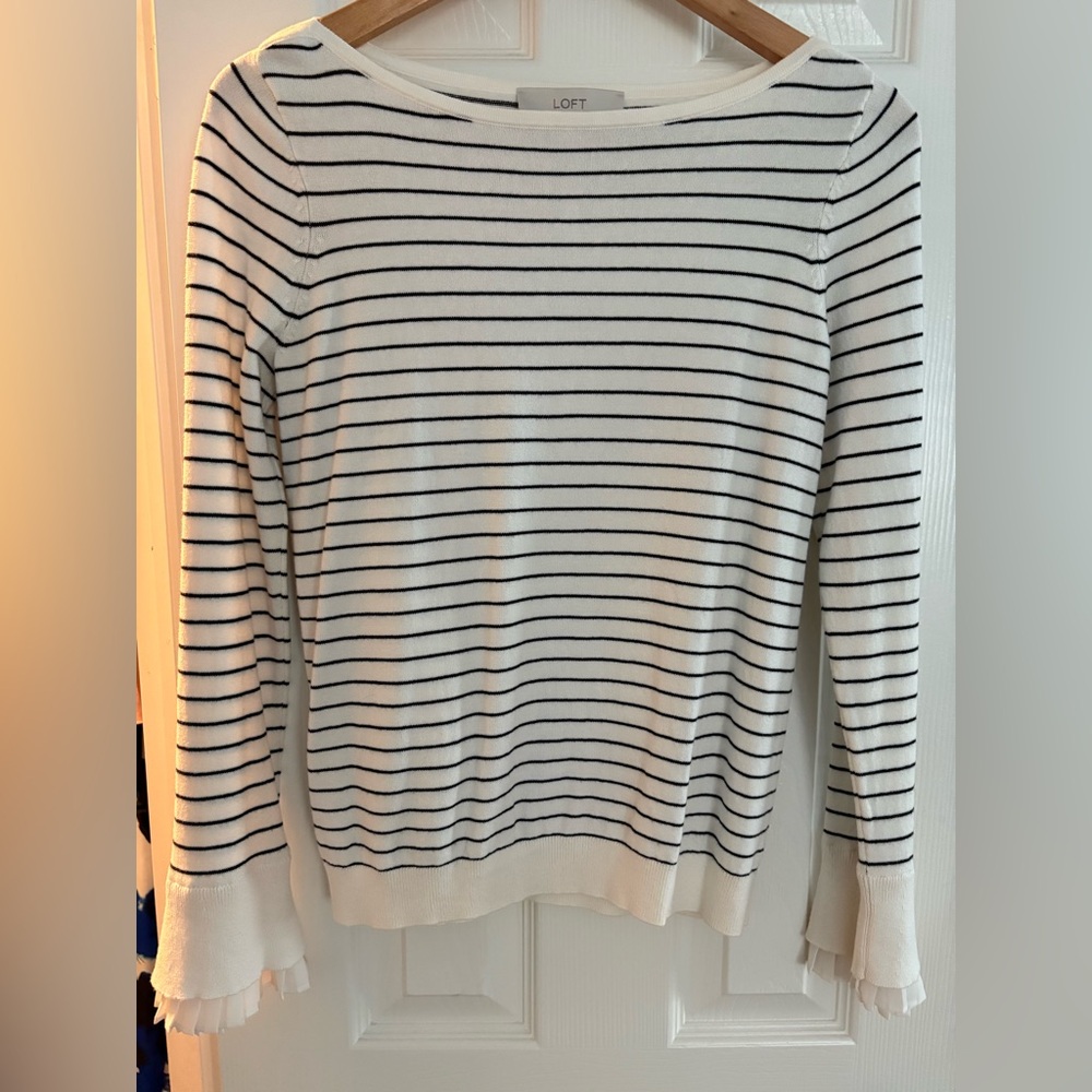 Black and White Stripe Fitted Boatneck Sweater w Cotton Ruffle Detail by LOFT